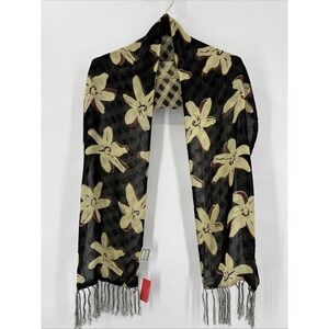 Vintage April Cornell Scarf Floral with Checkered Lining Boho Romantic Tassles